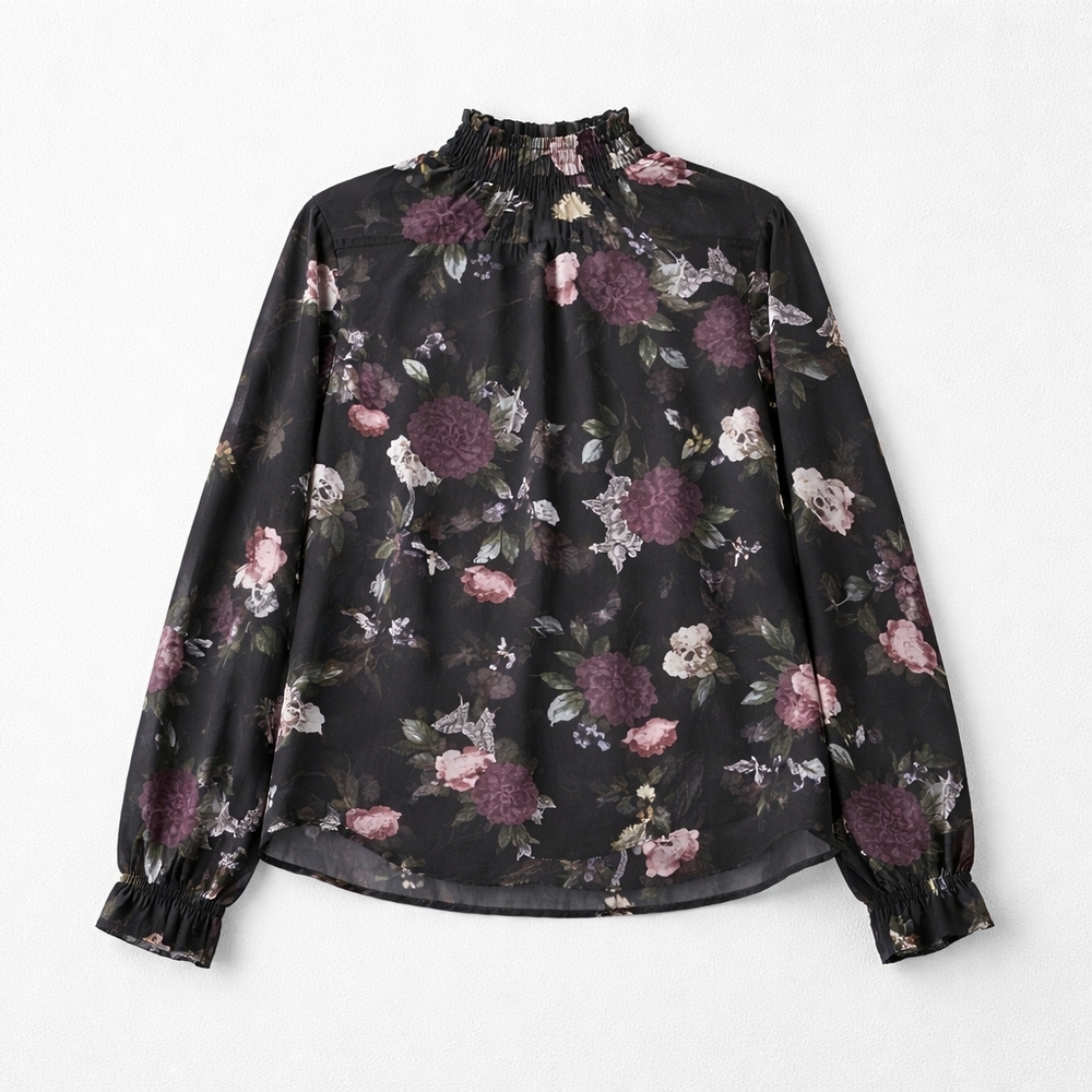 180 Torrid 00 M/L Black Floral Blouse Butterflies & Skulls Sheer Long Sleeve